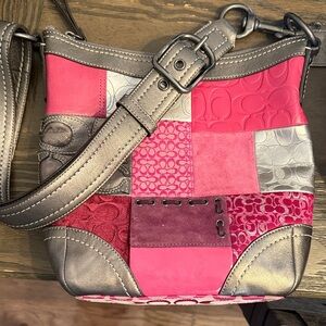 Coach Pink Patchwork Signature Crossbody with Metallic Trim